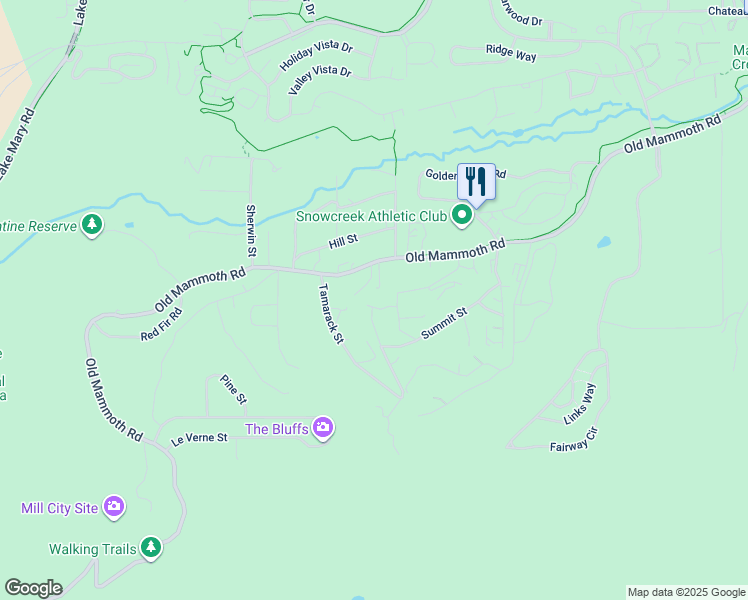 map of restaurants, bars, coffee shops, grocery stores, and more near 27 Gull St in Mammoth Lakes