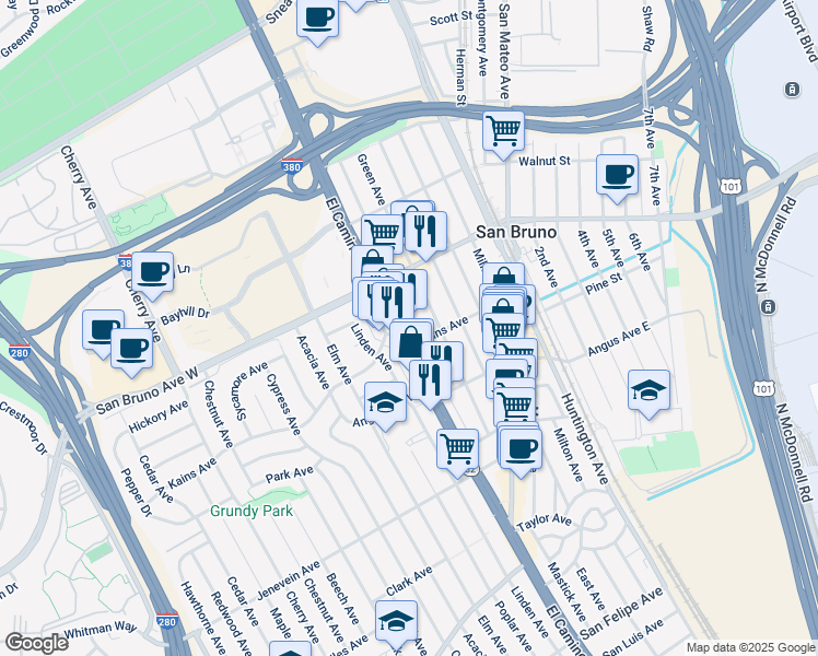 map of restaurants, bars, coffee shops, grocery stores, and more near 675 Hensley Avenue in San Bruno