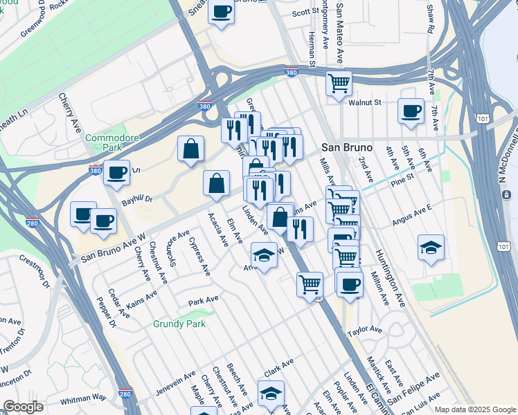 map of restaurants, bars, coffee shops, grocery stores, and more near 717 Camino Plaza in San Bruno