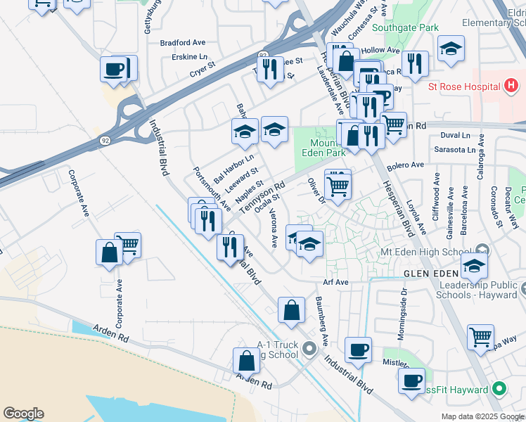 map of restaurants, bars, coffee shops, grocery stores, and more near 2710 Ocala Street in Hayward