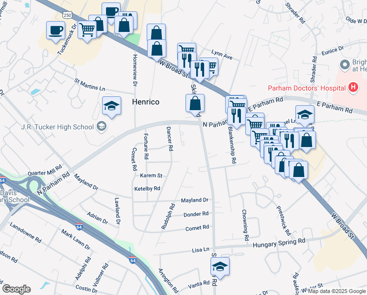 map of restaurants, bars, coffee shops, grocery stores, and more near 3109 North Parham Road in Richmond