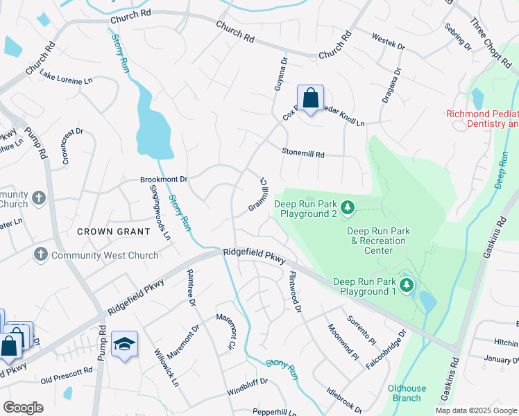 map of restaurants, bars, coffee shops, grocery stores, and more near 2213 Grainmill Court in Richmond