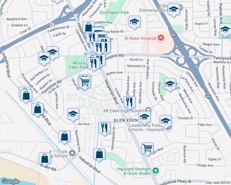 map of restaurants, bars, coffee shops, grocery stores, and more near 27621 Loyola Avenue in Hayward