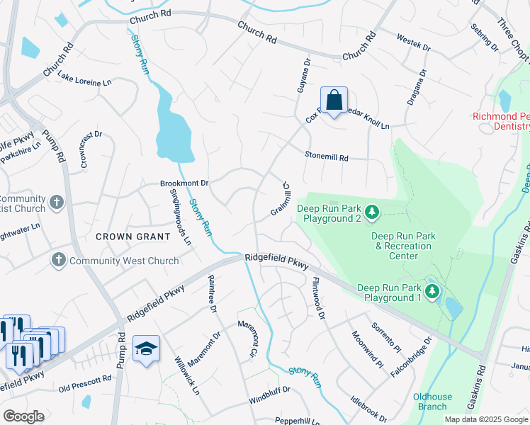 map of restaurants, bars, coffee shops, grocery stores, and more near 2204 Grainmill Court in Richmond
