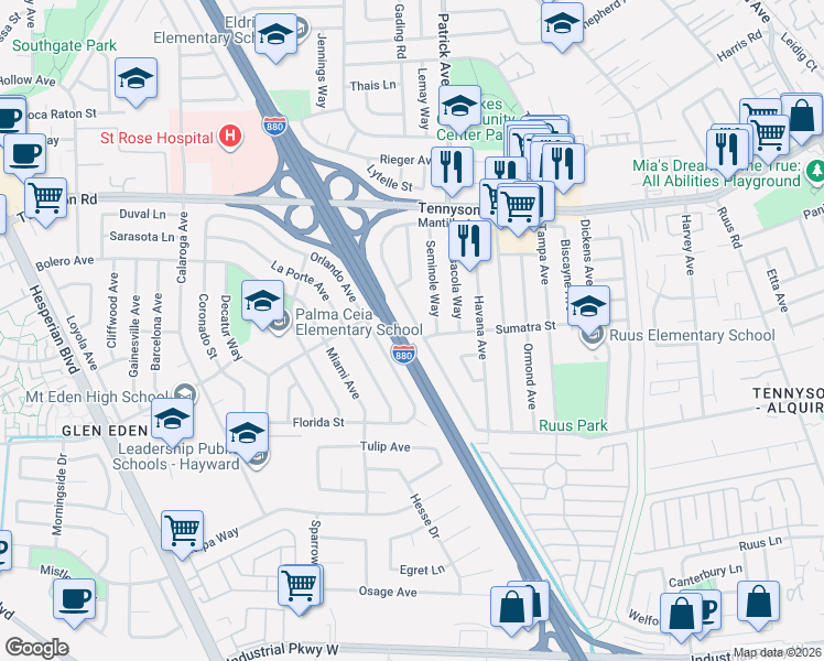 map of restaurants, bars, coffee shops, grocery stores, and more near 27781 Mandarin Avenue in Hayward