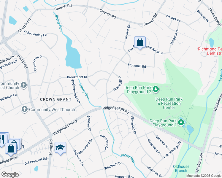 map of restaurants, bars, coffee shops, grocery stores, and more near 2204 Grainmill Court in Richmond