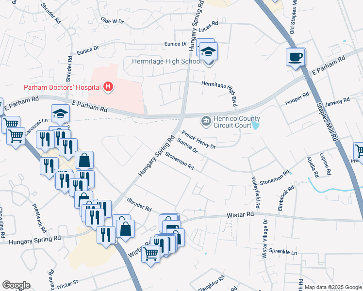 map of restaurants, bars, coffee shops, grocery stores, and more near 7419 Somoa Drive in Richmond