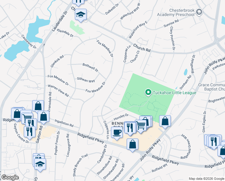 map of restaurants, bars, coffee shops, grocery stores, and more near 12643 Copperas Lane in Henrico