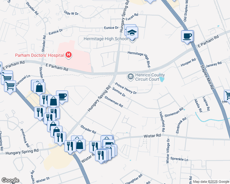 map of restaurants, bars, coffee shops, grocery stores, and more near 7419 Somoa Drive in Richmond