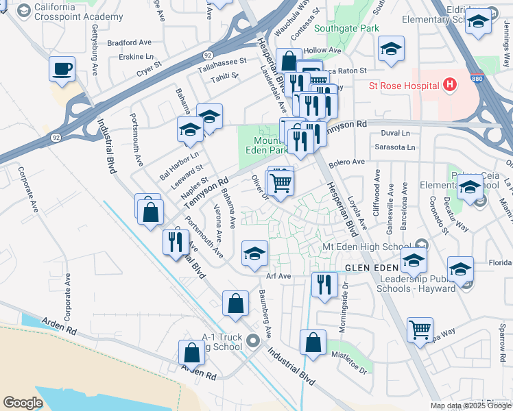 map of restaurants, bars, coffee shops, grocery stores, and more near 27327 Marigold Court in Hayward