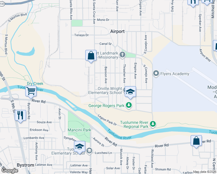 map of restaurants, bars, coffee shops, grocery stores, and more near 747 Kerr Avenue in Modesto