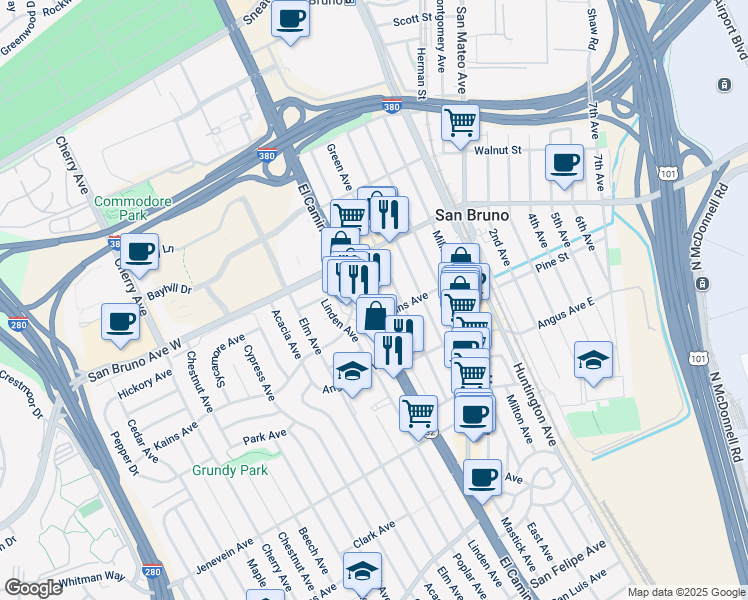 map of restaurants, bars, coffee shops, grocery stores, and more near 675 Hensley Avenue in San Bruno