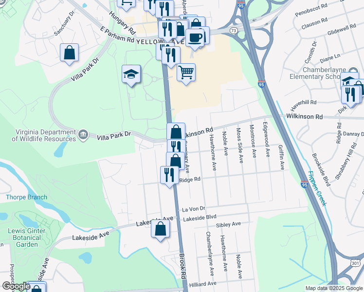 map of restaurants, bars, coffee shops, grocery stores, and more near 7603 Seminary Avenue in Richmond