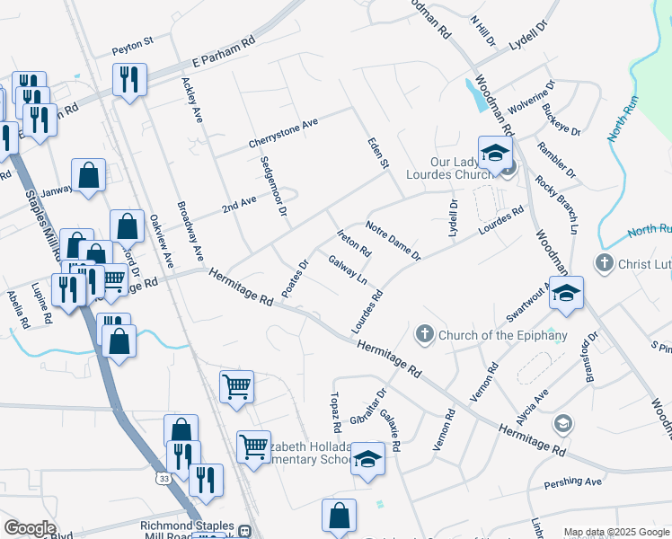 map of restaurants, bars, coffee shops, grocery stores, and more near 8217 Galway Lane in Richmond