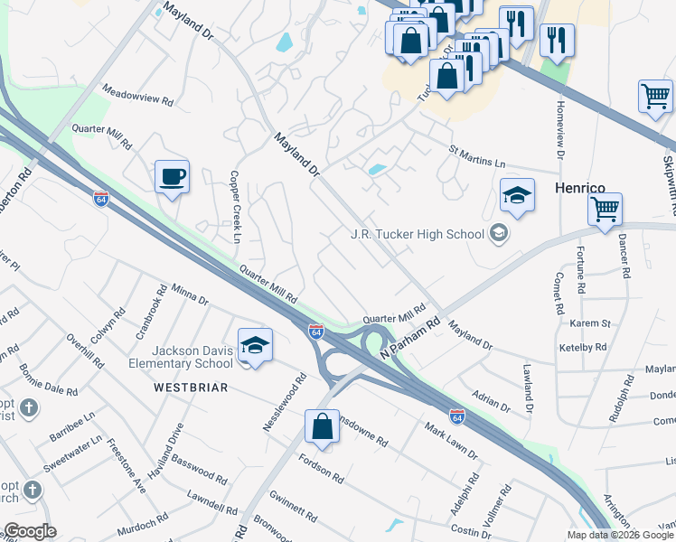 map of restaurants, bars, coffee shops, grocery stores, and more near 8703 Pellington Place in Henrico
