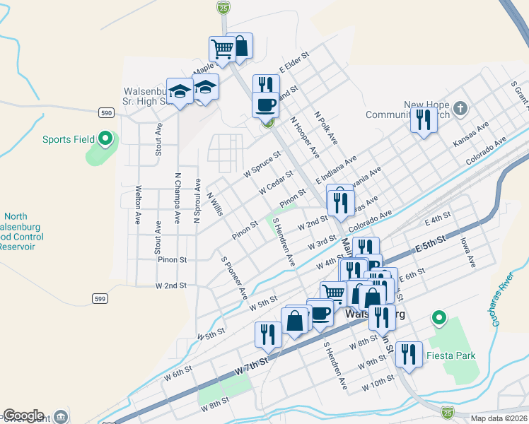 map of restaurants, bars, coffee shops, grocery stores, and more near 300-398 Pinon in Walsenburg