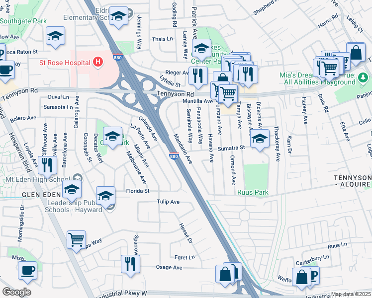 map of restaurants, bars, coffee shops, grocery stores, and more near 1633 Sumatra Street in Hayward