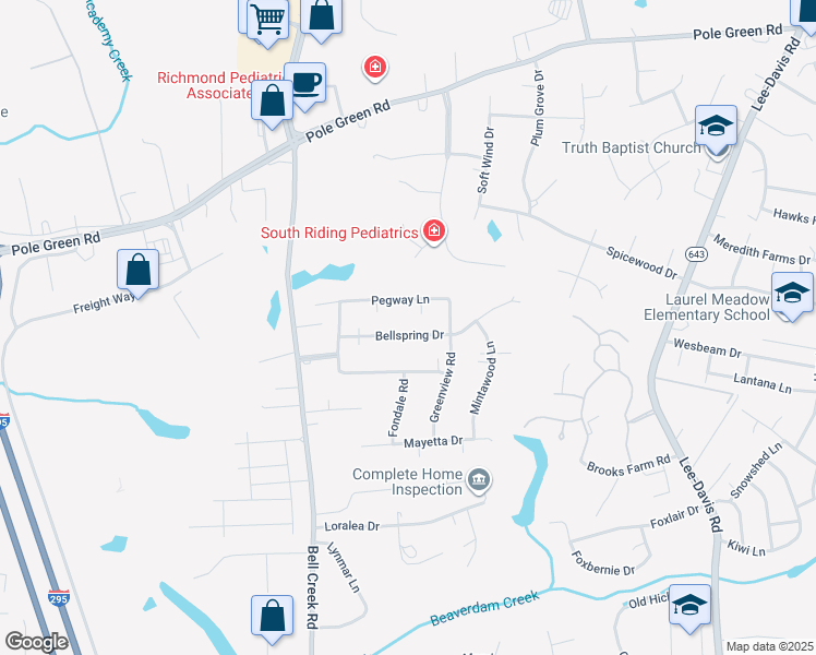 map of restaurants, bars, coffee shops, grocery stores, and more near 7238 Bellspring Drive in Mechanicsville