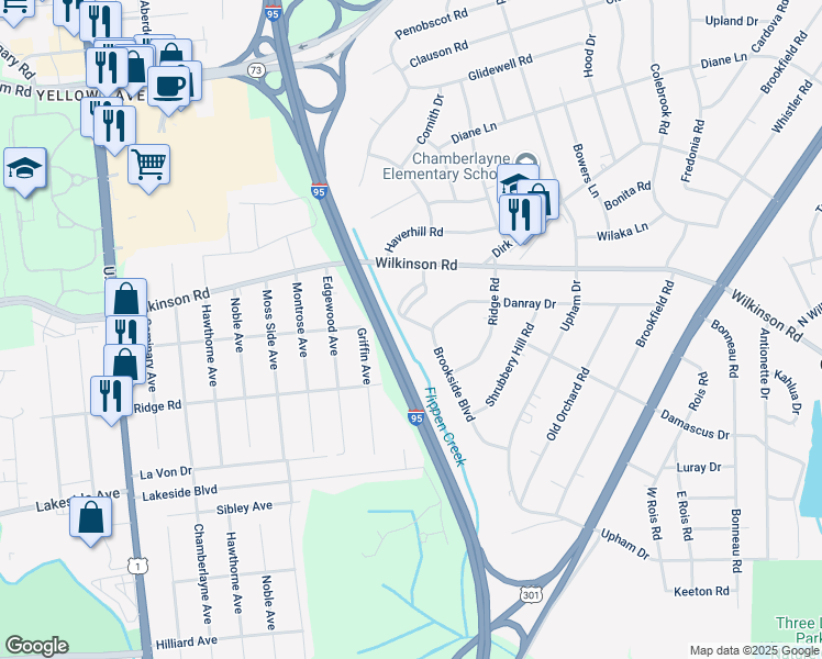 map of restaurants, bars, coffee shops, grocery stores, and more near 515 Brookside Boulevard in Richmond