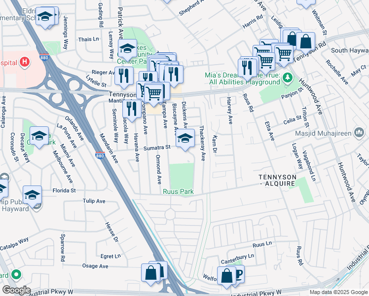 map of restaurants, bars, coffee shops, grocery stores, and more near 28003 Dickens Avenue in Hayward