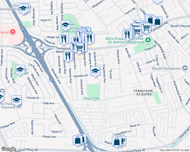 map of restaurants, bars, coffee shops, grocery stores, and more near 28003 Dickens Avenue in Hayward