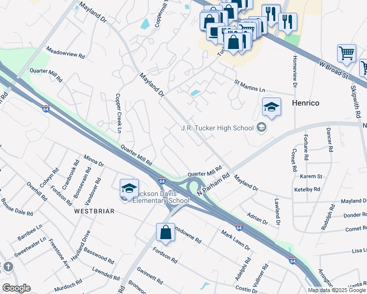 map of restaurants, bars, coffee shops, grocery stores, and more near Queensmere Place in Richmond