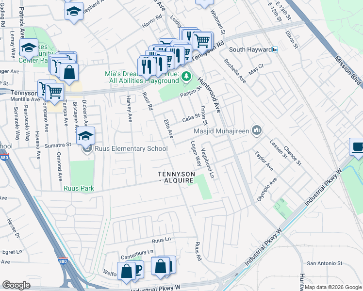 map of restaurants, bars, coffee shops, grocery stores, and more near 684 Carmar Street in Hayward