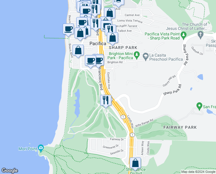map of restaurants, bars, coffee shops, grocery stores, and more near 20 Eastlake Avenue in Pacifica