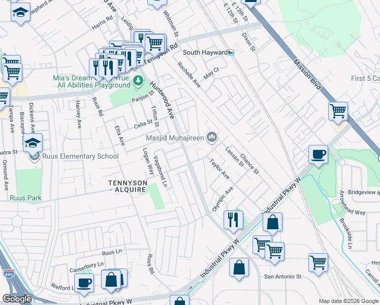 map of restaurants, bars, coffee shops, grocery stores, and more near 29079 Huntwood Avenue in Hayward