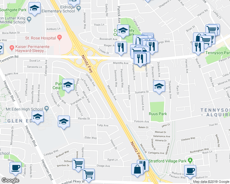 map of restaurants, bars, coffee shops, grocery stores, and more near 1633 Sumatra Street in Hayward