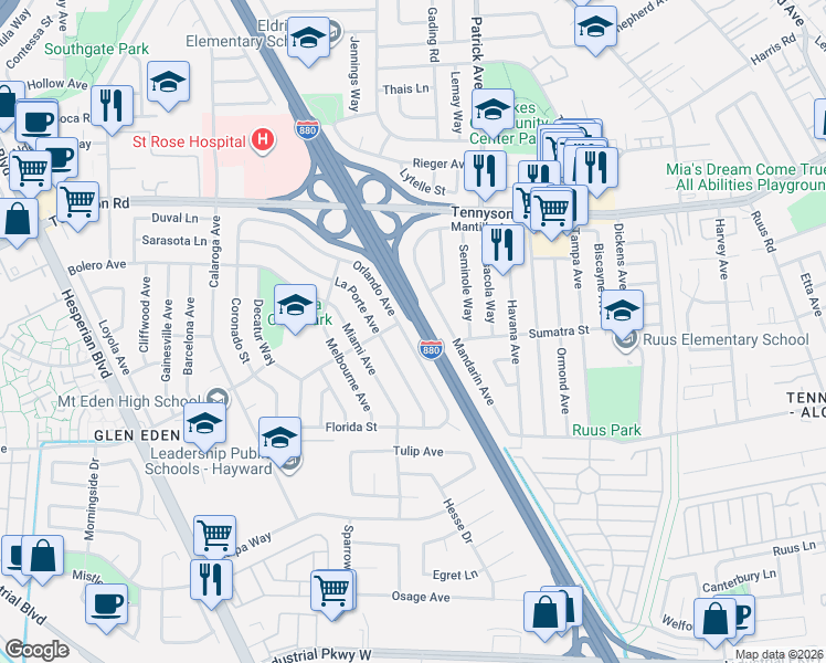 map of restaurants, bars, coffee shops, grocery stores, and more near 27744 Orlando Avenue in Hayward