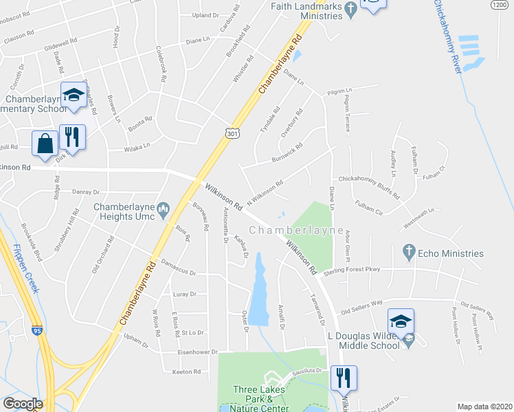 map of restaurants, bars, coffee shops, grocery stores, and more near 405 North Wilkinson Road in Richmond