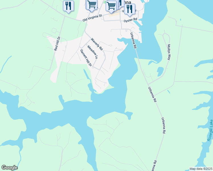map of restaurants, bars, coffee shops, grocery stores, and more near 571 Waverly Road in Urbanna