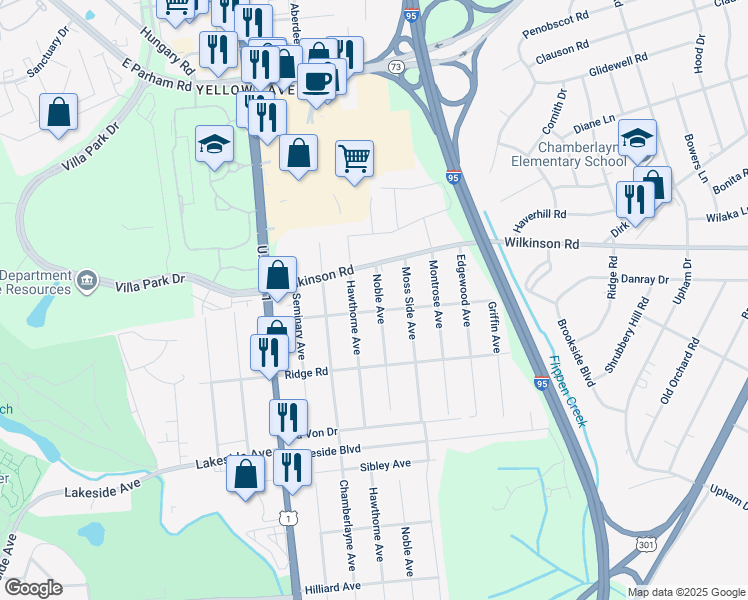 map of restaurants, bars, coffee shops, grocery stores, and more near 7602 Noble Avenue in Richmond