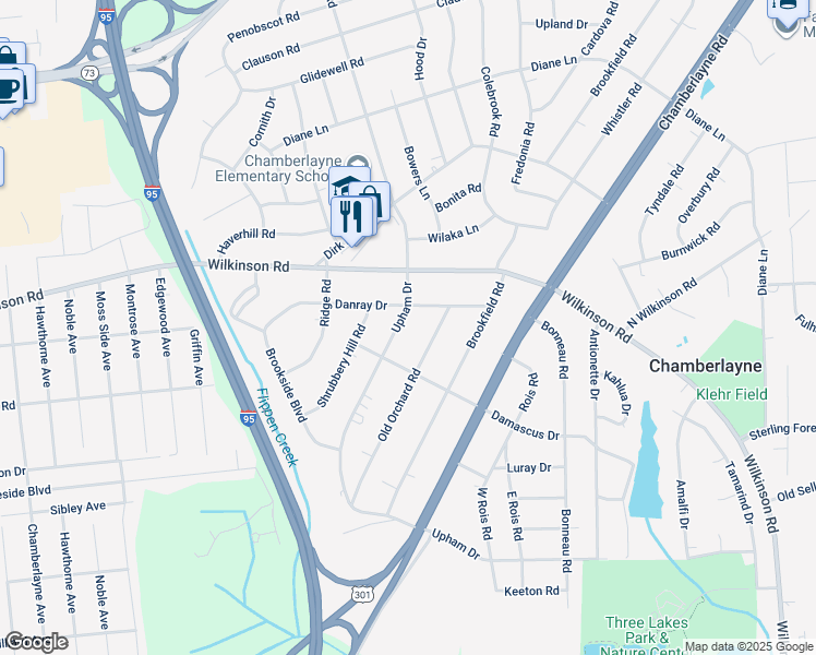 map of restaurants, bars, coffee shops, grocery stores, and more near 6009 Upham Drive in Richmond