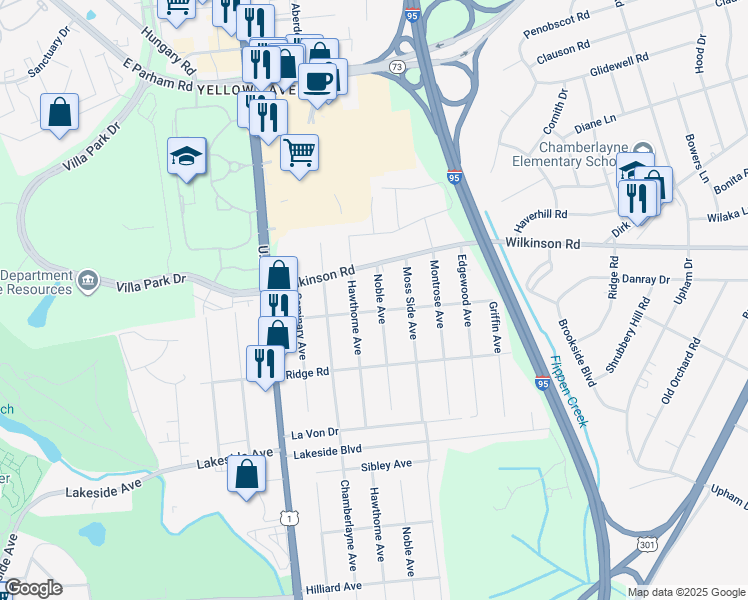 map of restaurants, bars, coffee shops, grocery stores, and more near 7602 Noble Avenue in Richmond
