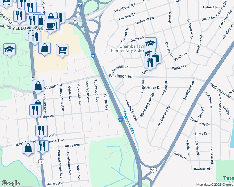 map of restaurants, bars, coffee shops, grocery stores, and more near 515 Brookside Boulevard in Richmond