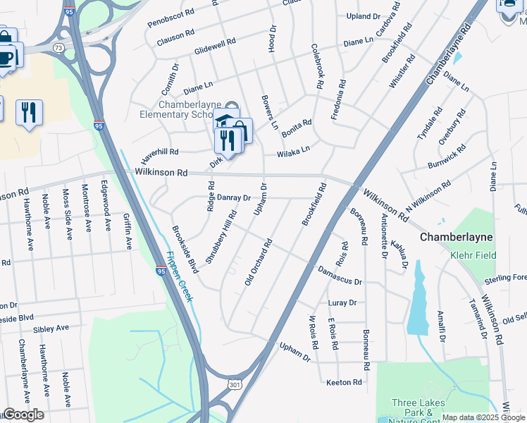 map of restaurants, bars, coffee shops, grocery stores, and more near 6009 Upham Drive in Richmond