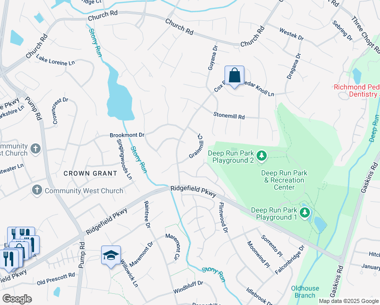 map of restaurants, bars, coffee shops, grocery stores, and more near 2213 Grainmill Court in Richmond