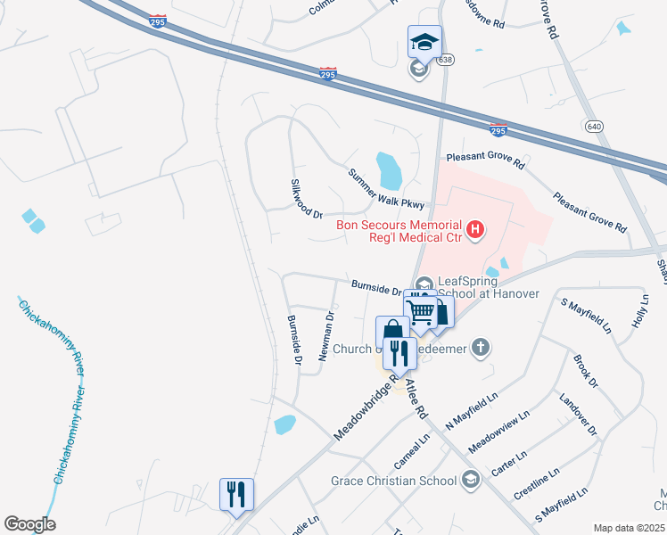 map of restaurants, bars, coffee shops, grocery stores, and more near 8322 Burnside Drive in Mechanicsville