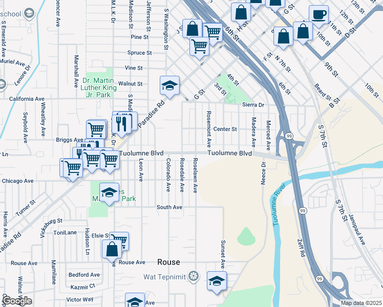 map of restaurants, bars, coffee shops, grocery stores, and more near in Modesto