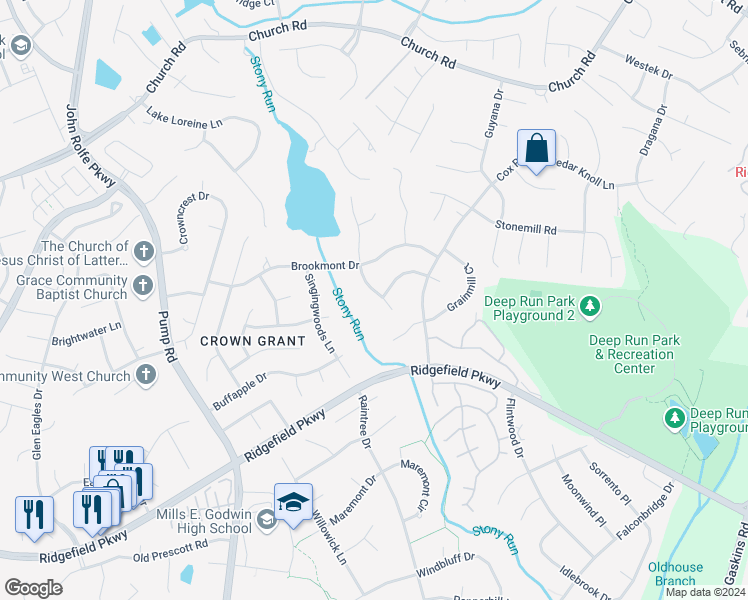 map of restaurants, bars, coffee shops, grocery stores, and more near 2202 Persimmon Trek in Richmond