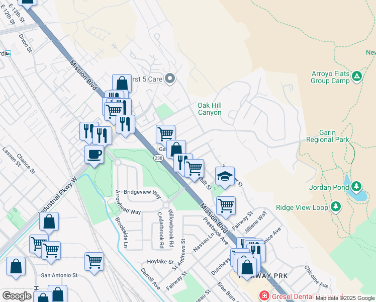 map of restaurants, bars, coffee shops, grocery stores, and more near 618 Gleneagle Avenue in Hayward