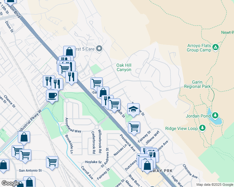map of restaurants, bars, coffee shops, grocery stores, and more near 619 Gleneagle Avenue in Hayward