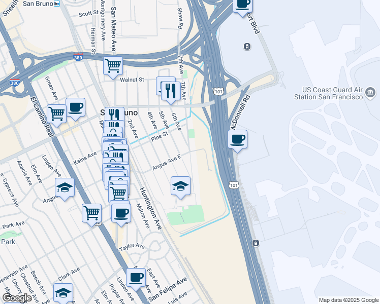 map of restaurants, bars, coffee shops, grocery stores, and more near 7th Avenue & Angus Avenue East in San Bruno