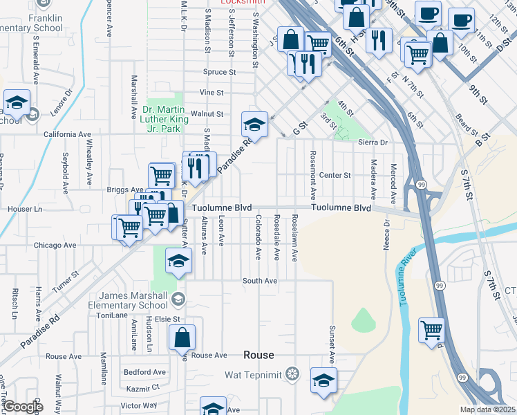map of restaurants, bars, coffee shops, grocery stores, and more near Tuolumne Blvd & Colorado Ave in Modesto