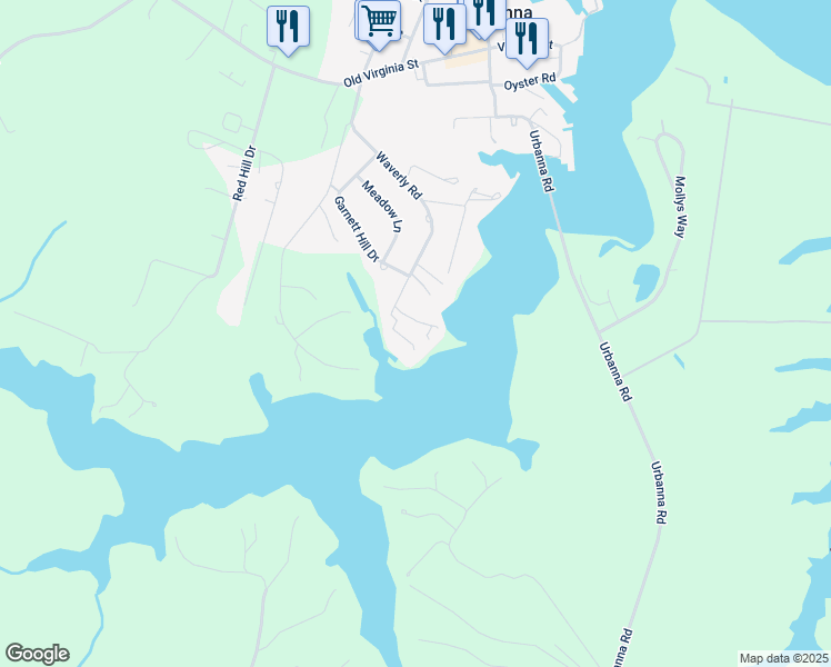 map of restaurants, bars, coffee shops, grocery stores, and more near 571 Waverly Road in Urbanna