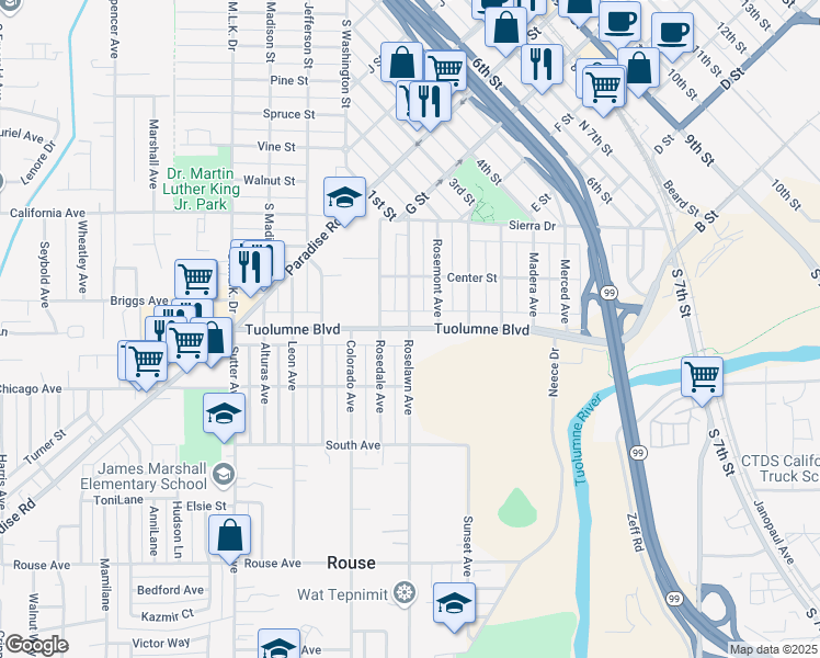 map of restaurants, bars, coffee shops, grocery stores, and more near Tuolumne Blvd & Roselawn Ave in Modesto