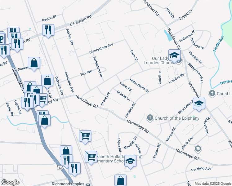 map of restaurants, bars, coffee shops, grocery stores, and more near 8221 Galway Lane in Henrico