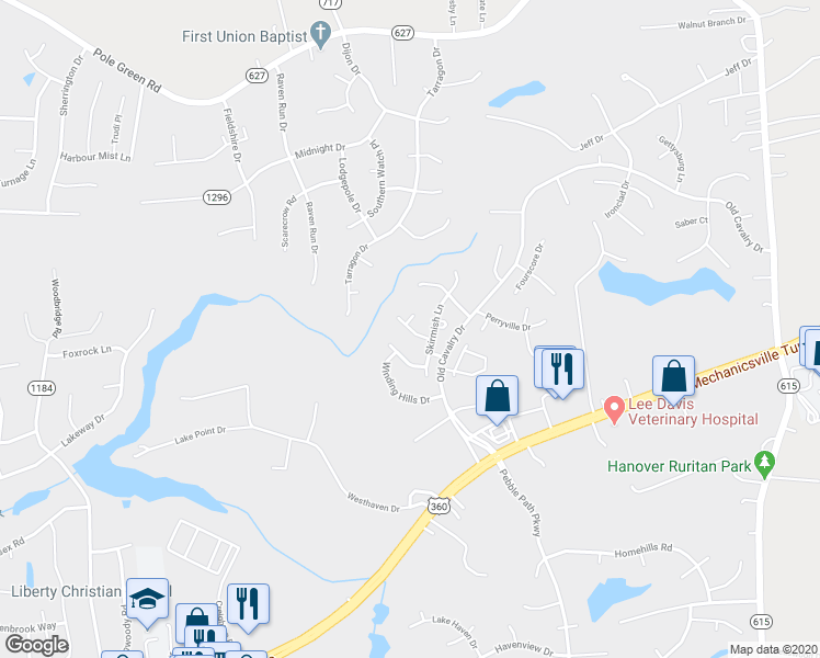 map of restaurants, bars, coffee shops, grocery stores, and more near 6164 Stockade Drive in Mechanicsville